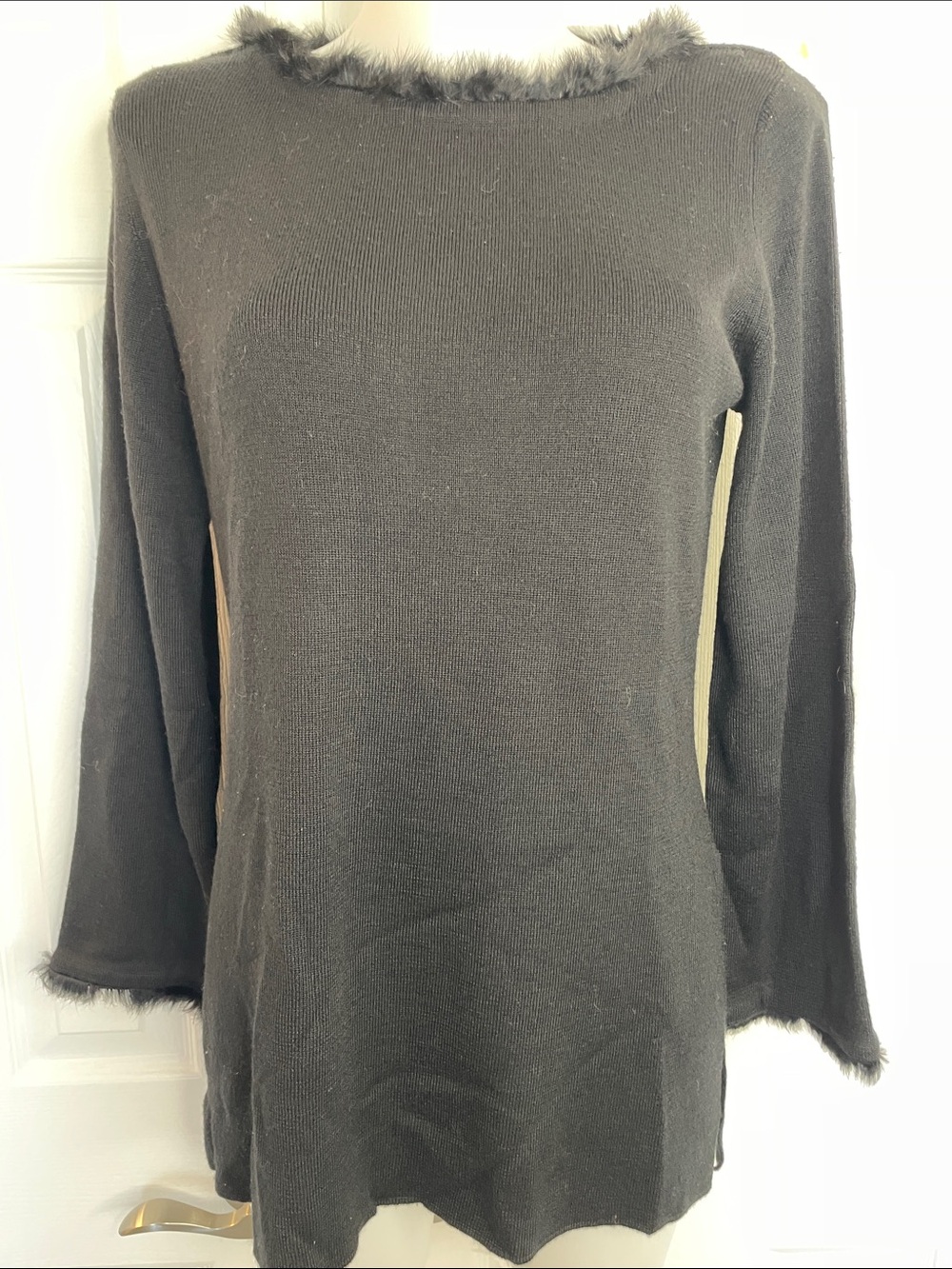 ADRIANNA PAPELL WOOL BLEND SWEATER FAUX FUR TRIM ON NECKLINE & CUFF SWEATER SZ M